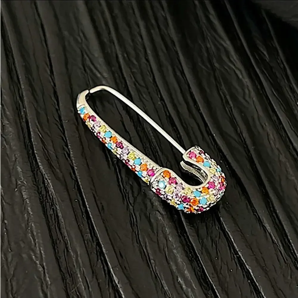 Silver Multicolor Rhinestone Safety-pin Earring, Minimalist, Punk